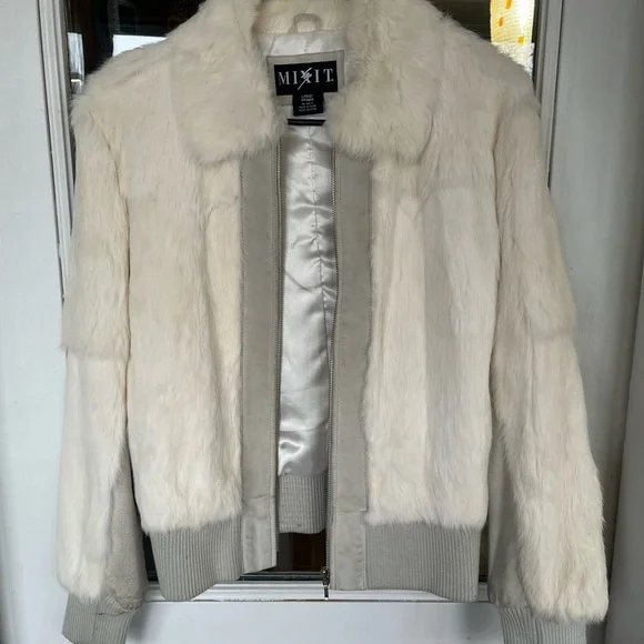 Mixit Vintage sz L cream/ taupe Y2K Real Rabbit Fur & Leather Bomber Jacket - Picture 2 of 15
